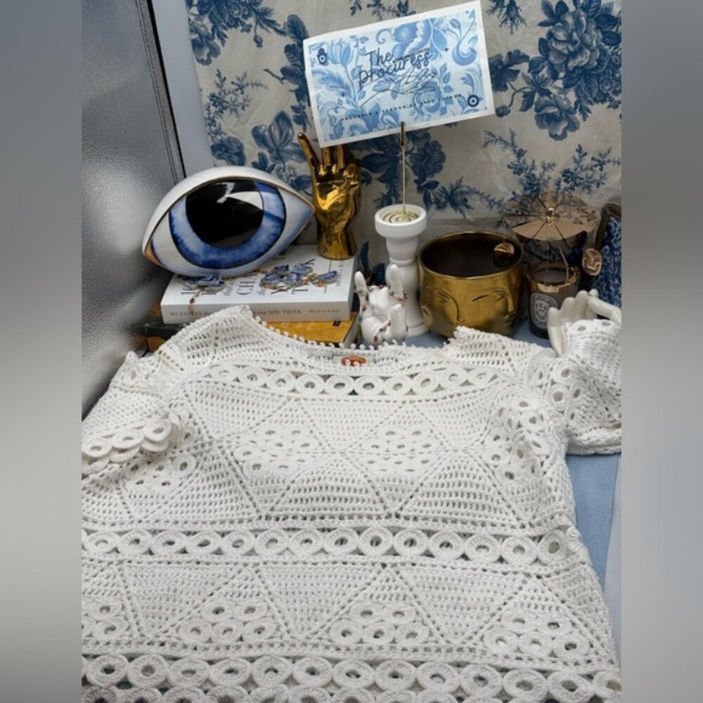 🆕 FARM Rio 🧿 NWT Crochet Sweater Tee, White, Sz M - Picture 10 of 13